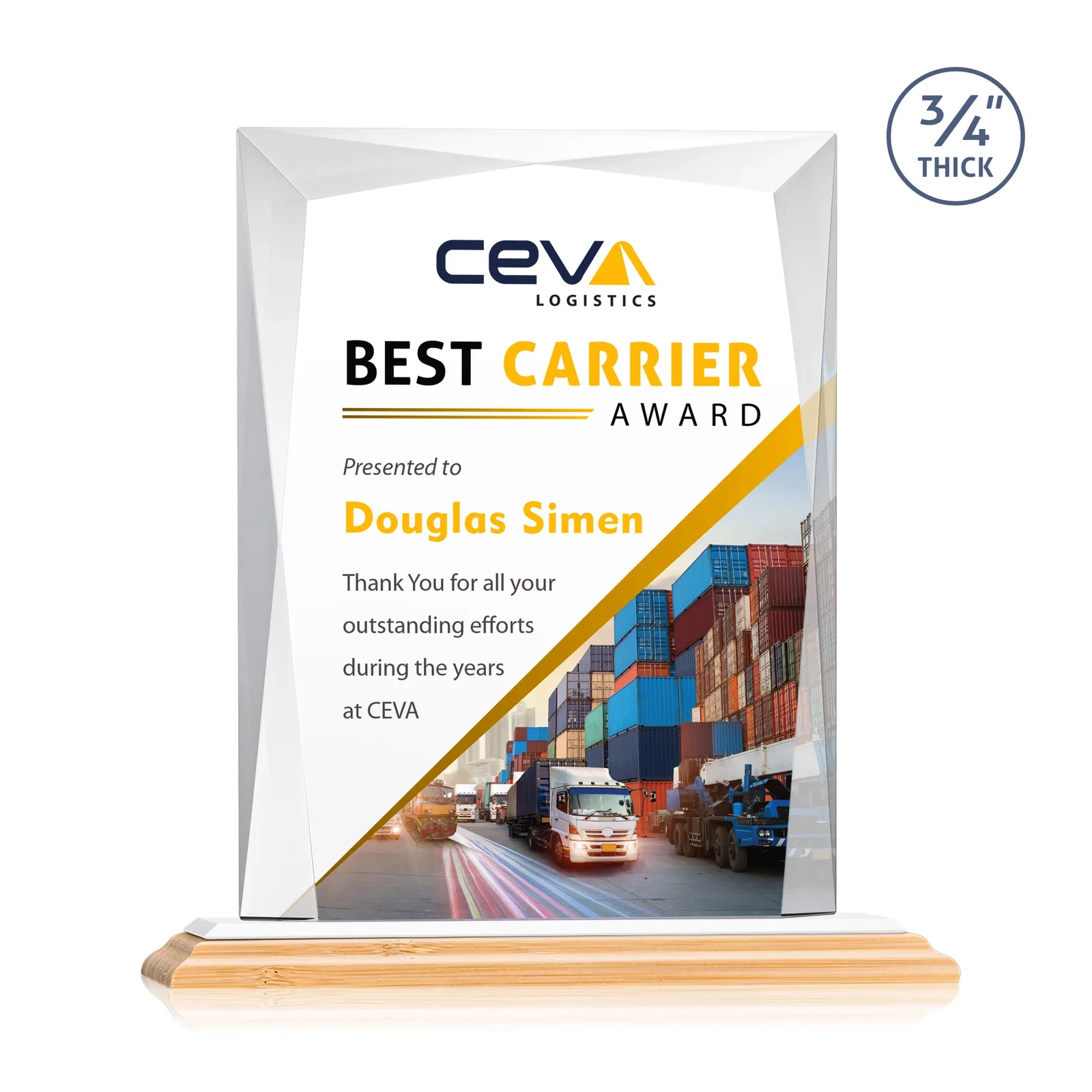 Custom printed Starfire Crystal Award With Bevels Wrapping Fully Around the Edge, with your logo for service anniversary gifts