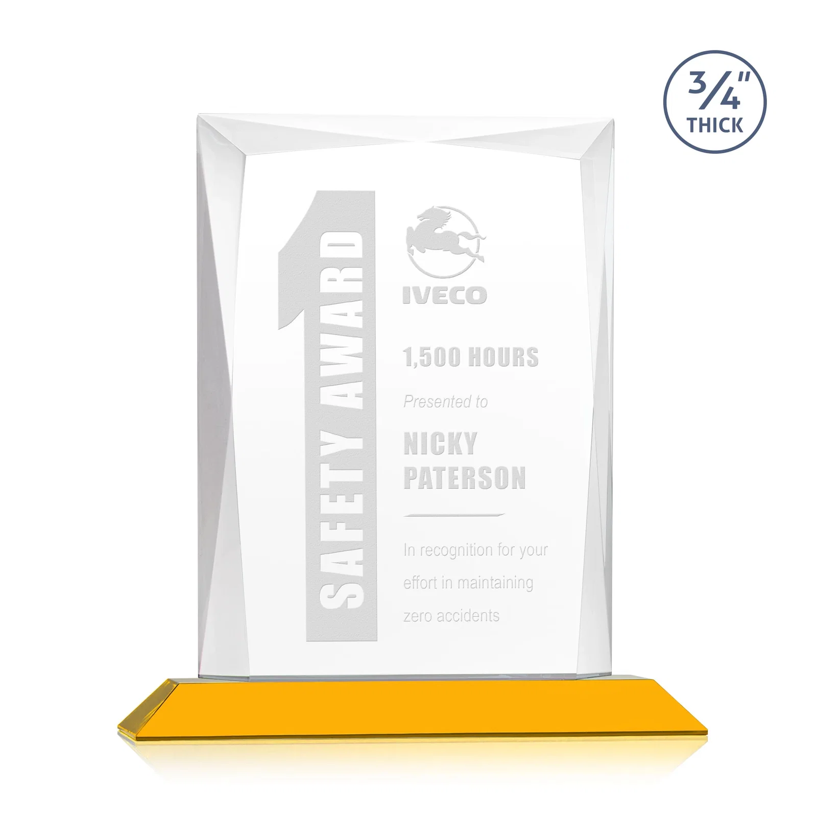 Personalized Starfire Crystal Award With Bevels Wrapping Fully Around the Edge for corporate award ceremonies