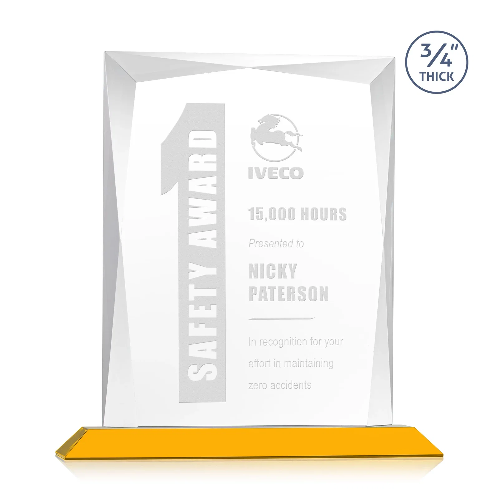 Personalized Starfire Crystal Award With Bevels Wrapping Fully Around the Edge for sales achievement awards