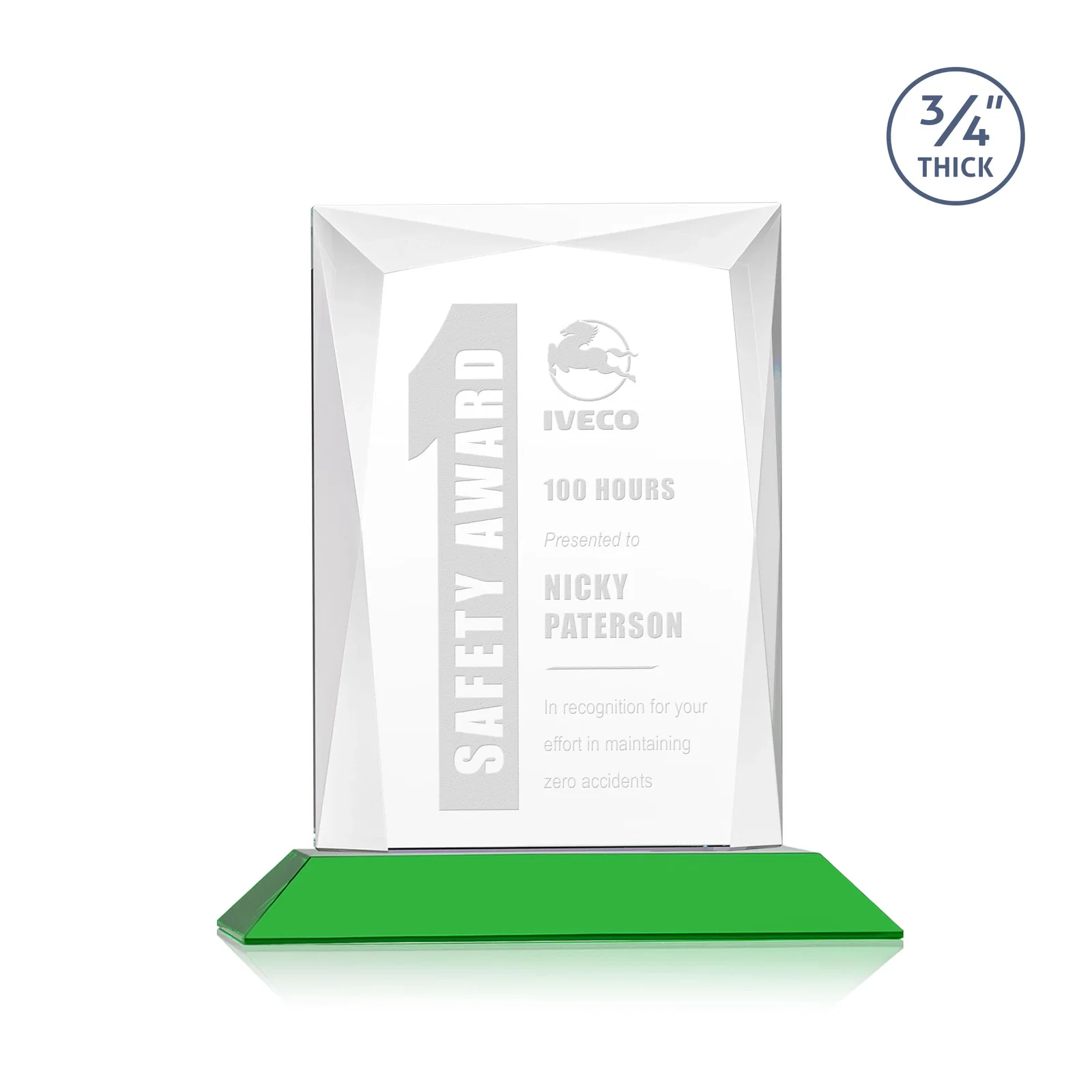 Personalized Starfire Crystal Award With Bevels Wrapping Fully Around the Edge for team milestone celebrations