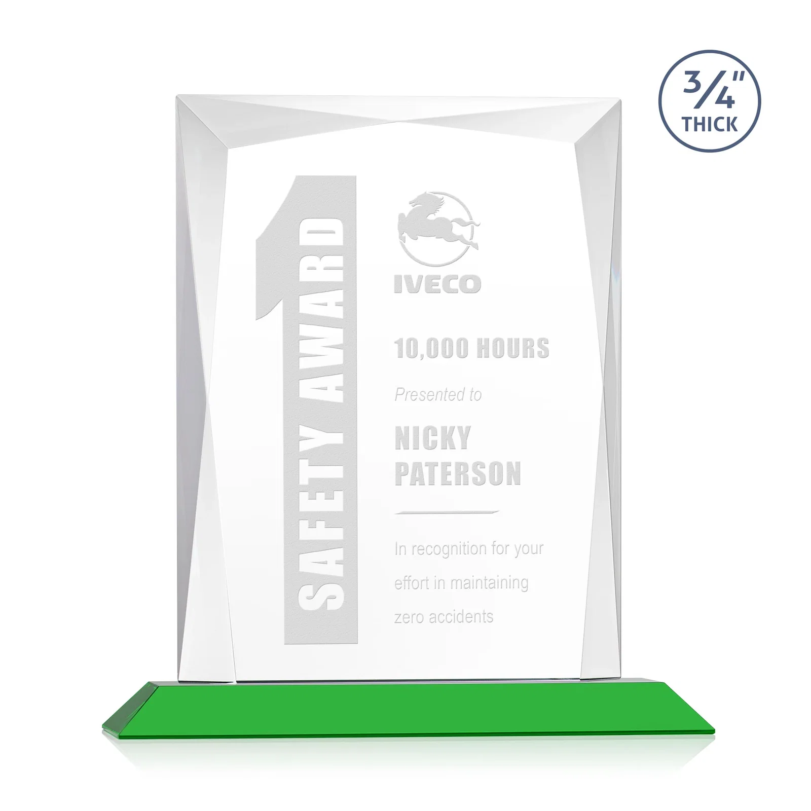 Personalized Starfire Crystal Award With Bevels Wrapping Fully Around the Edge for safety achievement programs