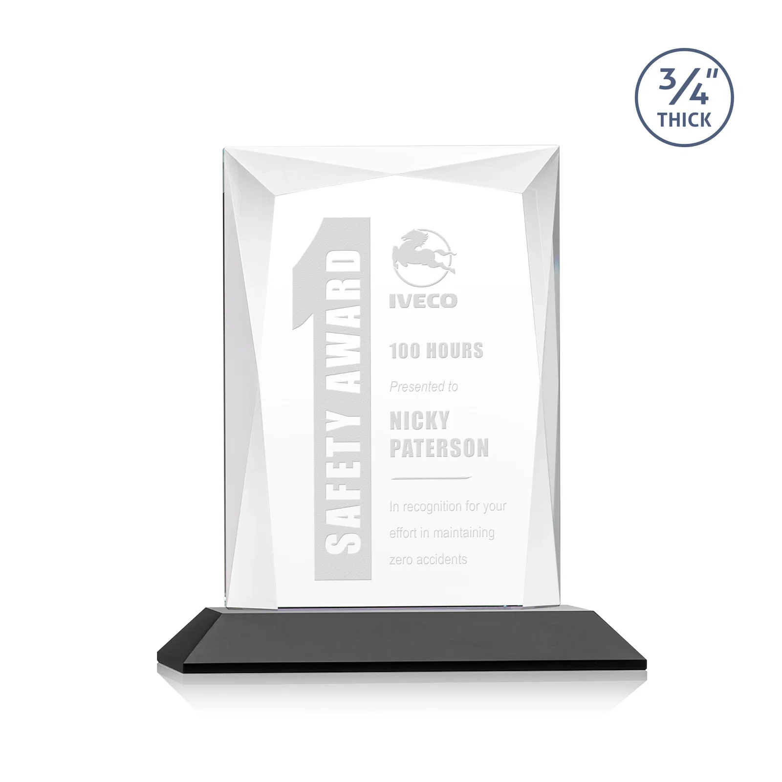 Personalized Starfire Crystal Award With Bevels Wrapping Fully Around the Edge for company anniversary events