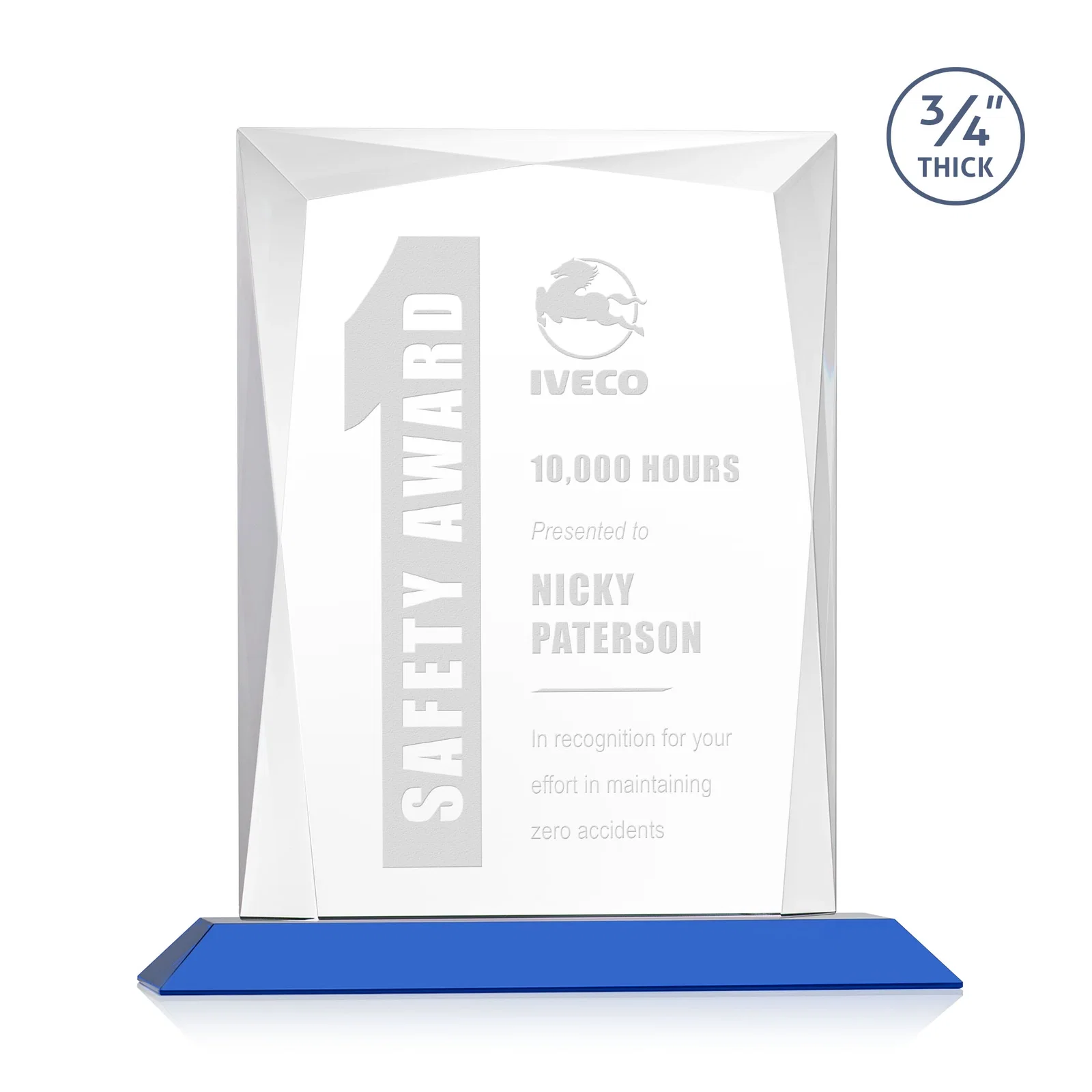 Promotional Starfire Crystal Award With Bevels Wrapping Fully Around the Edge for safety achievement programs