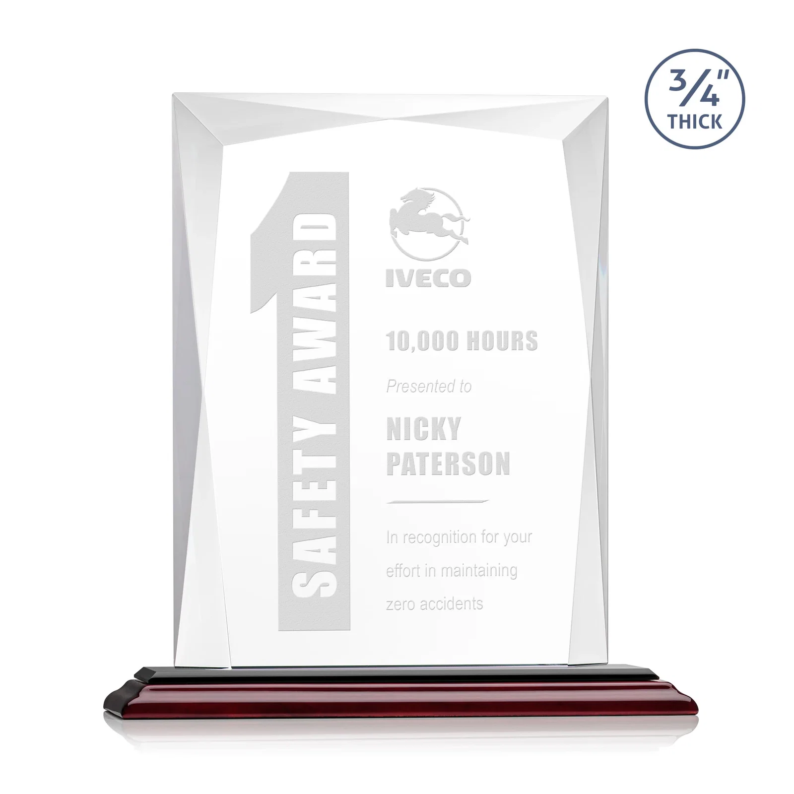 Branded Starfire Crystal Award With Bevels Wrapping Fully Around the Edge for service anniversary gifts