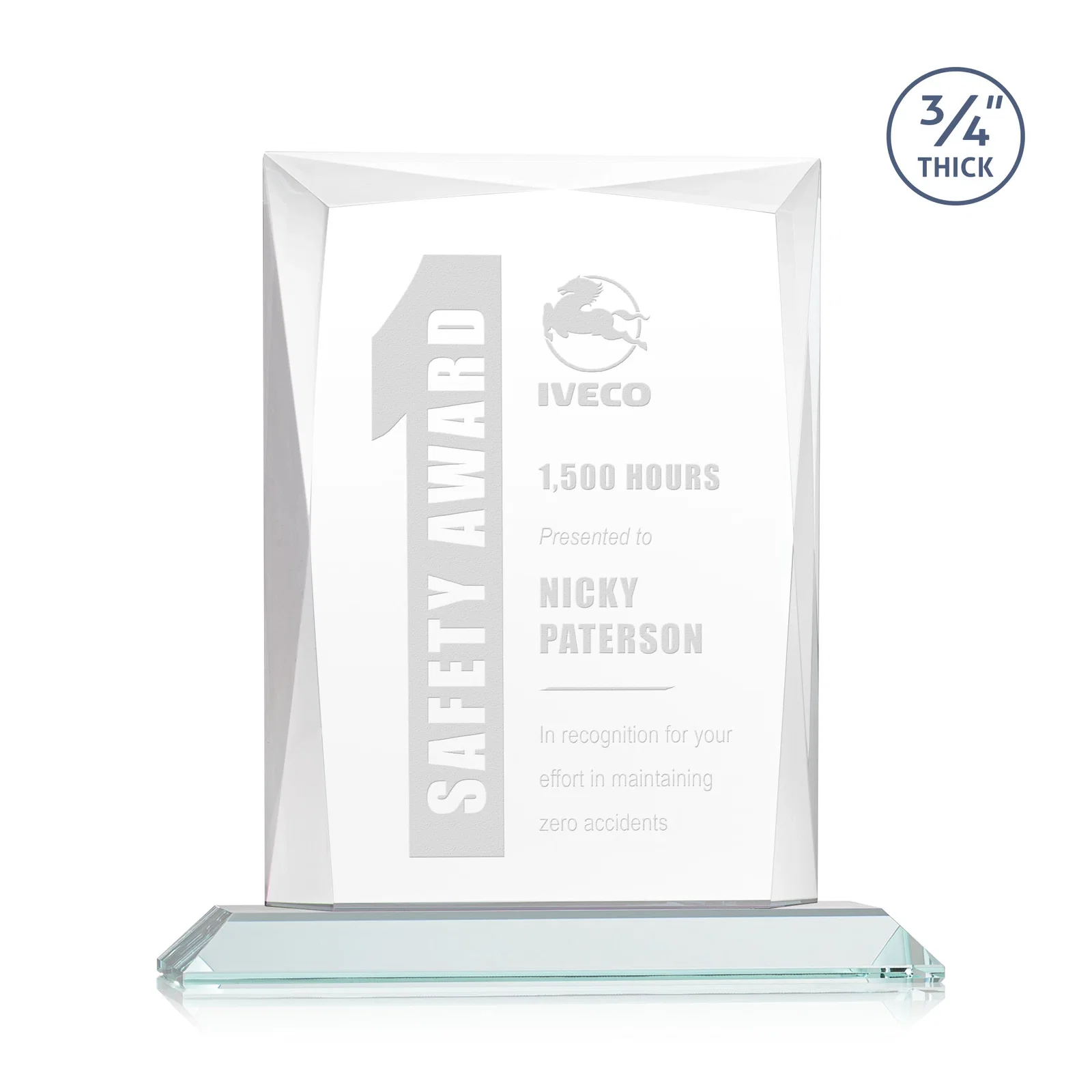 Custom Starfire Crystal Award With Bevels Wrapping Fully Around the Edge for sales achievement awards