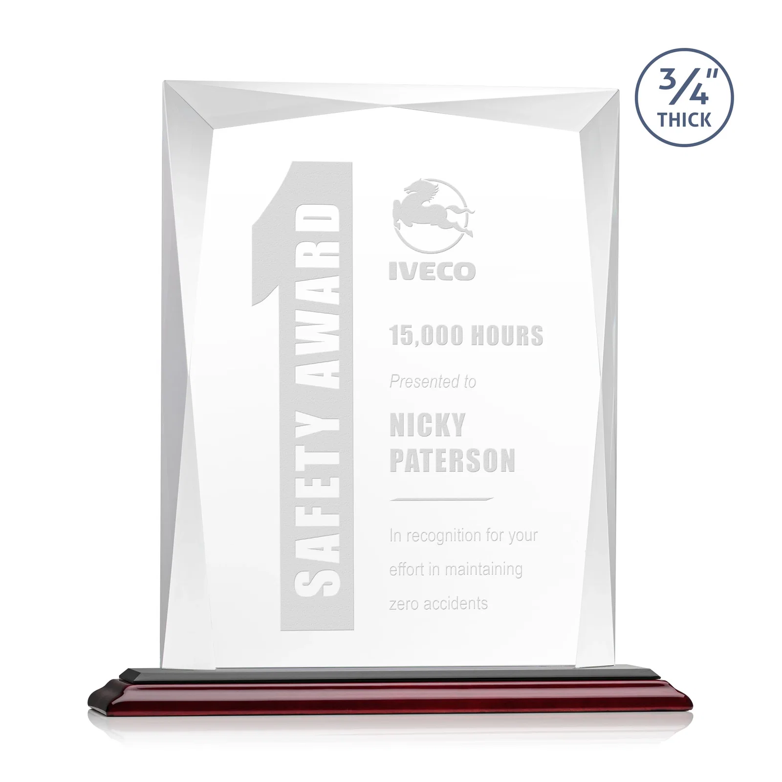 Branded Starfire Crystal Award With Bevels Wrapping Fully Around the Edge for sales achievement awards
