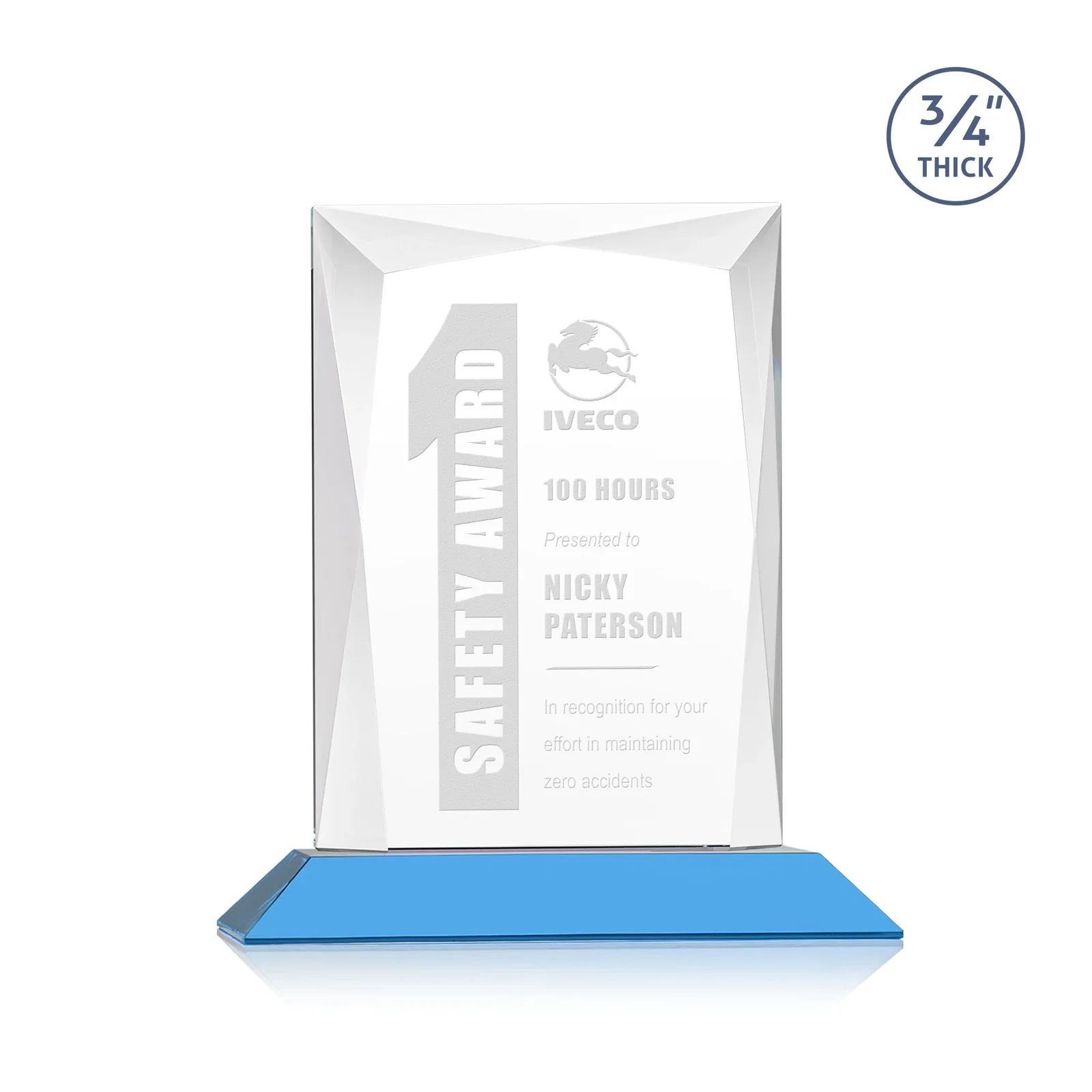 Branded Starfire Crystal Award With Bevels Wrapping Fully Around the Edge for company anniversary events