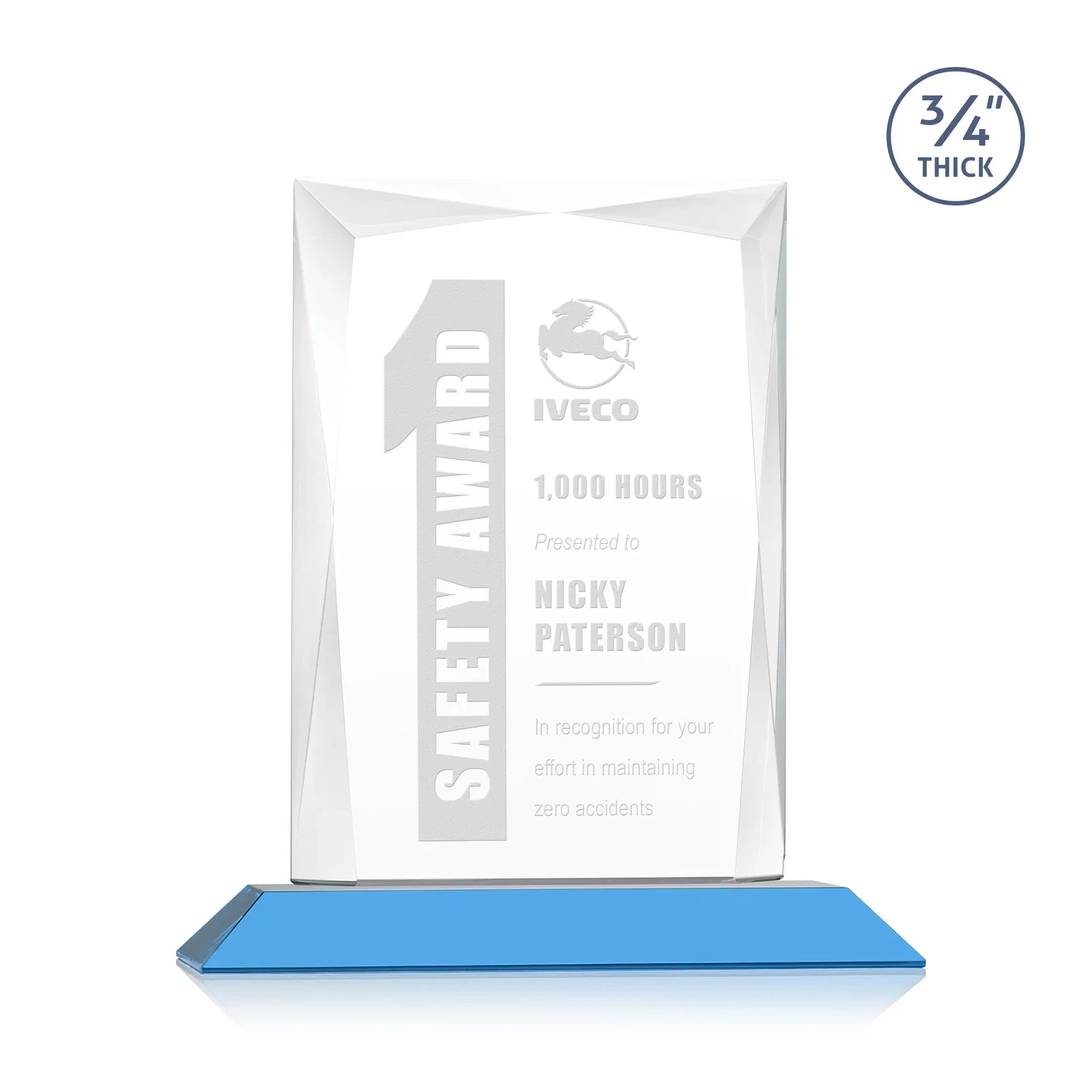 Custom printed Starfire Crystal Award With Bevels Wrapping Fully Around the Edge for employee recognition