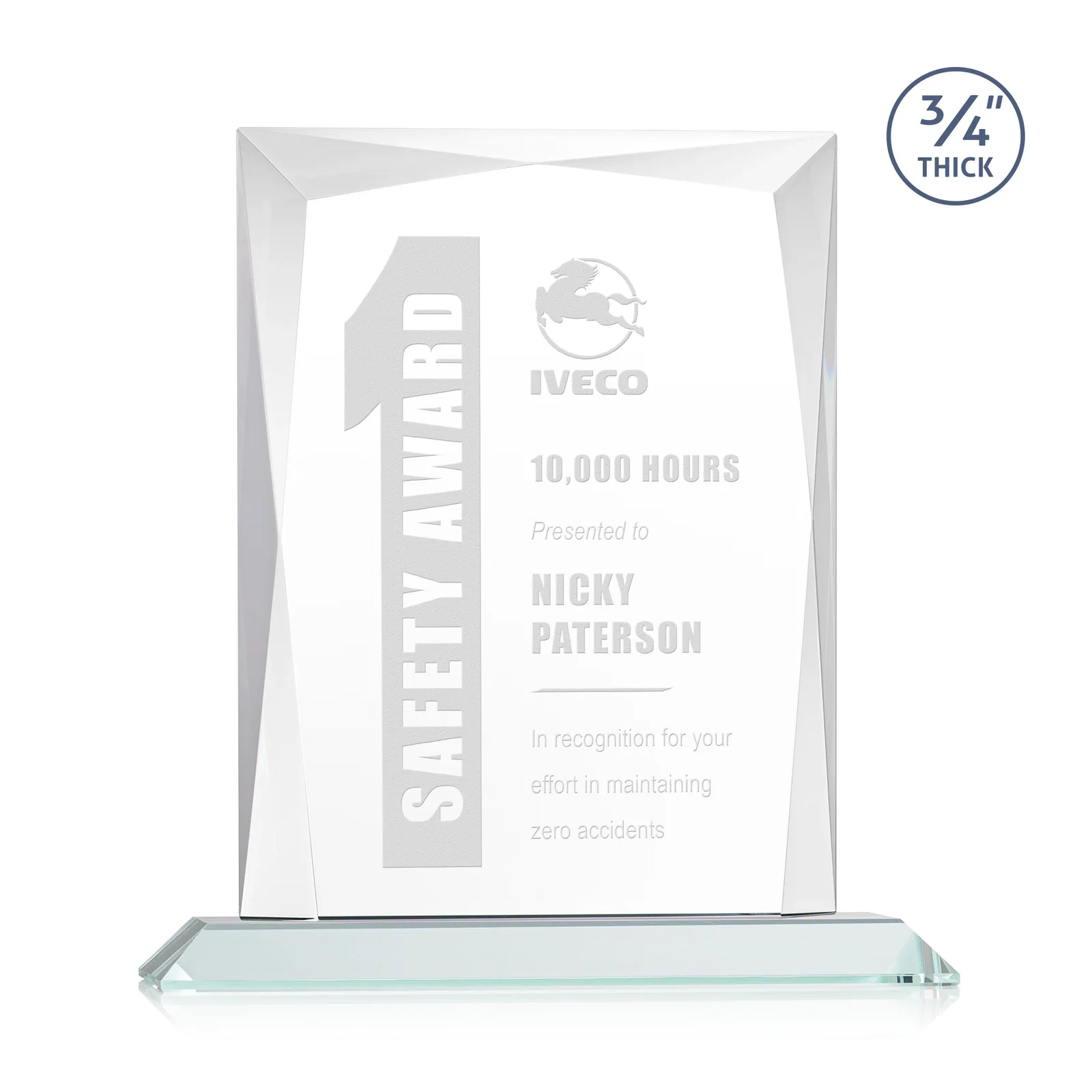 Custom Starfire Crystal Award With Bevels Wrapping Fully Around the Edge for retirement presentations