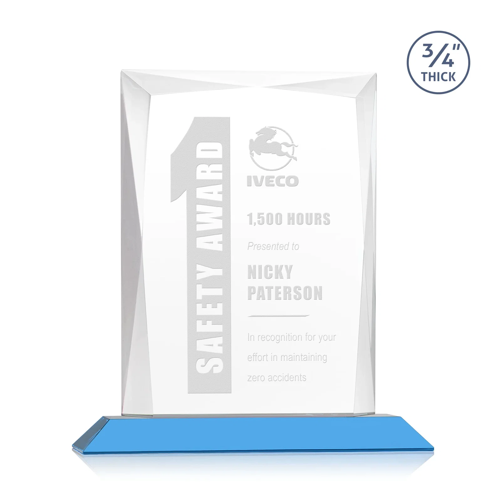 Custom printed Starfire Crystal Award With Bevels Wrapping Fully Around the Edge for corporate award ceremonies