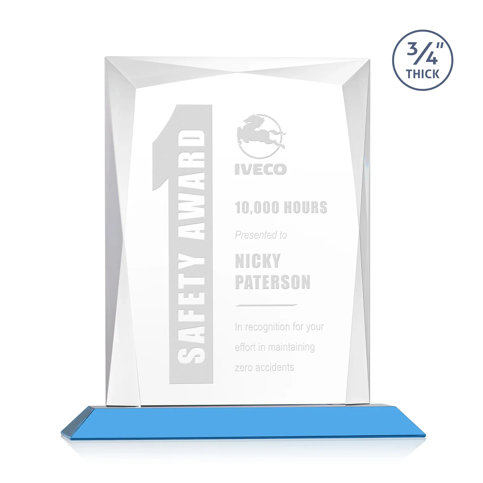 Custom printed Starfire Crystal Award With Bevels Wrapping Fully Around the Edge for service anniversary gifts
