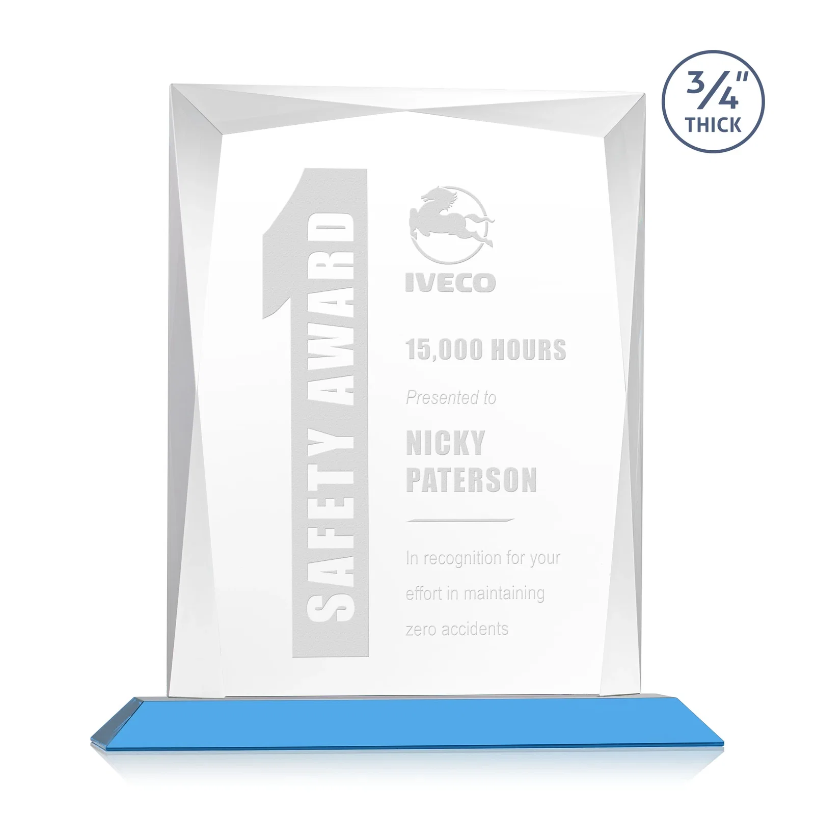 Custom printed Starfire Crystal Award With Bevels Wrapping Fully Around the Edge for sales achievement awards