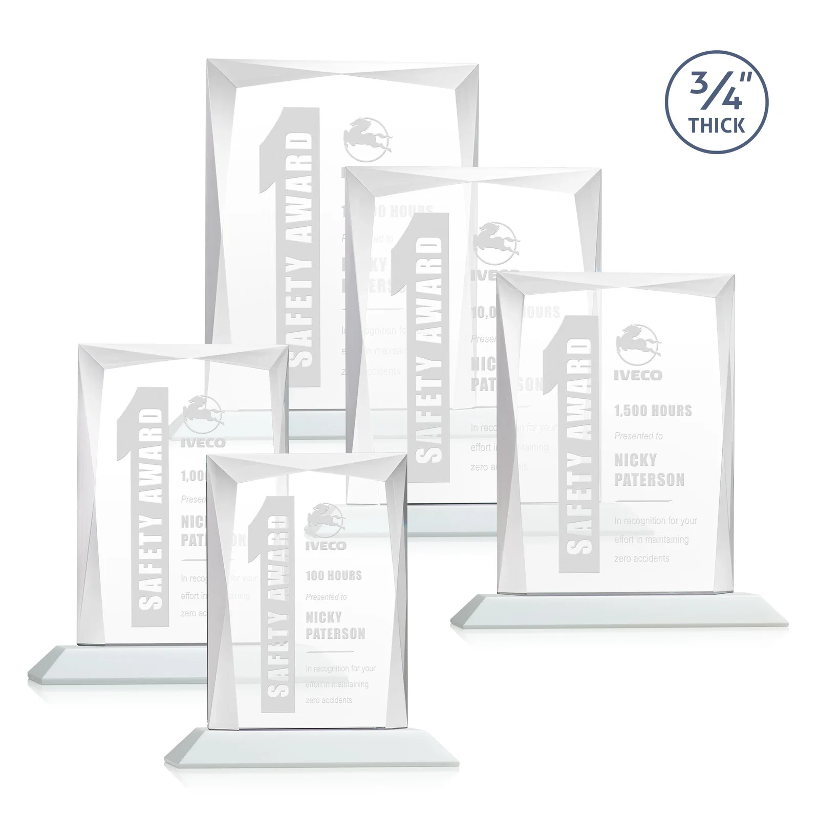 Custom printed Starfire Crystal Award With Bevels Wrapping Fully Around the Edge for retirement presentations