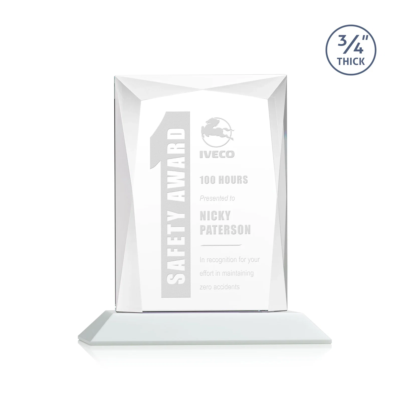 Custom printed Starfire Crystal Award With Bevels Wrapping Fully Around the Edge for team milestone celebrations