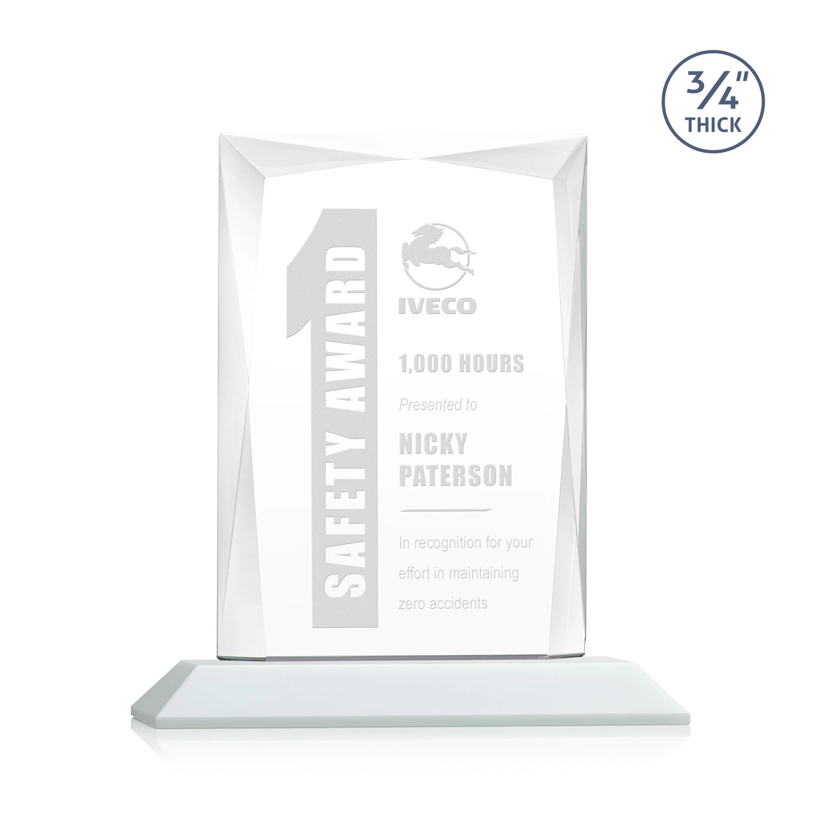 Custom printed Starfire Crystal Award With Bevels Wrapping Fully Around the Edge for donor appreciation