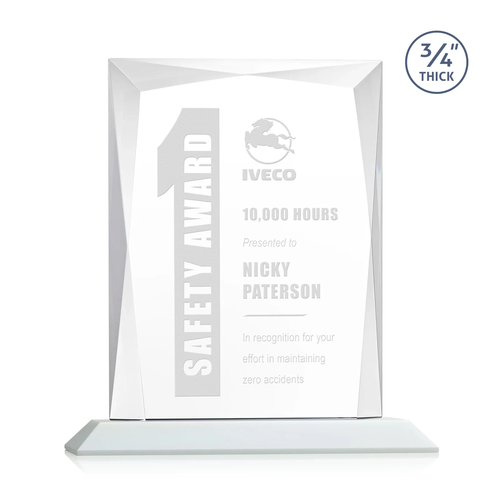 Custom printed Starfire Crystal Award With Bevels Wrapping Fully Around the Edge for safety achievement programs