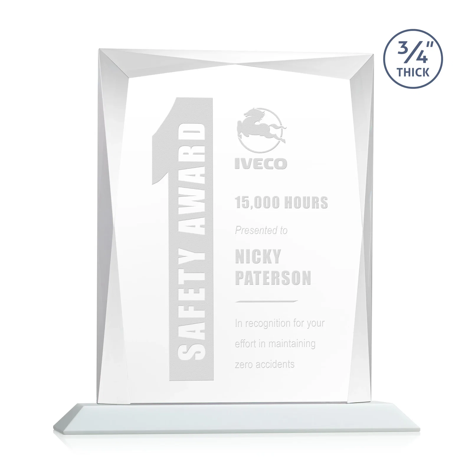 Custom printed Starfire Crystal Award With Bevels Wrapping Fully Around the Edge for volunteer appreciation