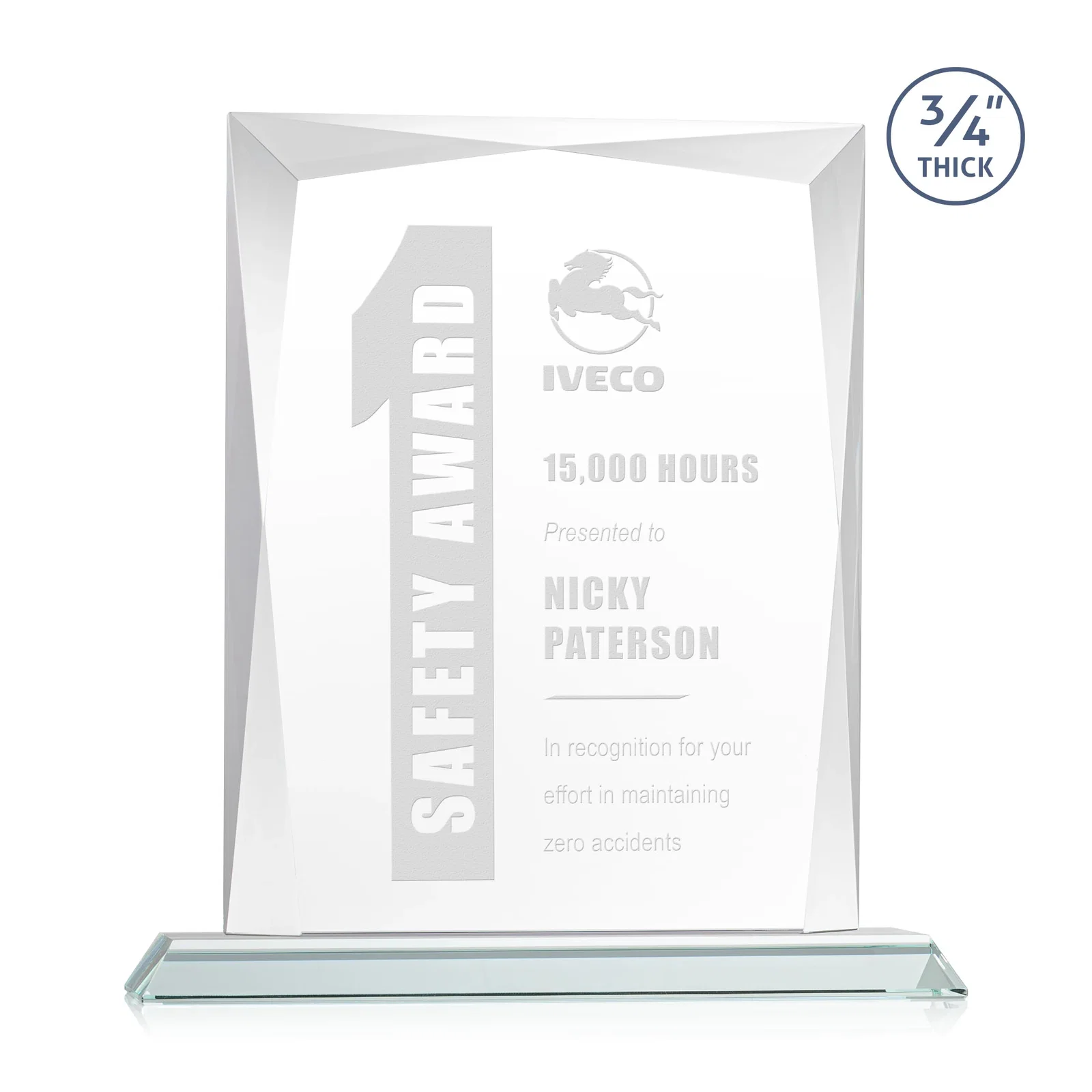 Custom Starfire Crystal Award With Bevels Wrapping Fully Around the Edge for team milestone celebrations