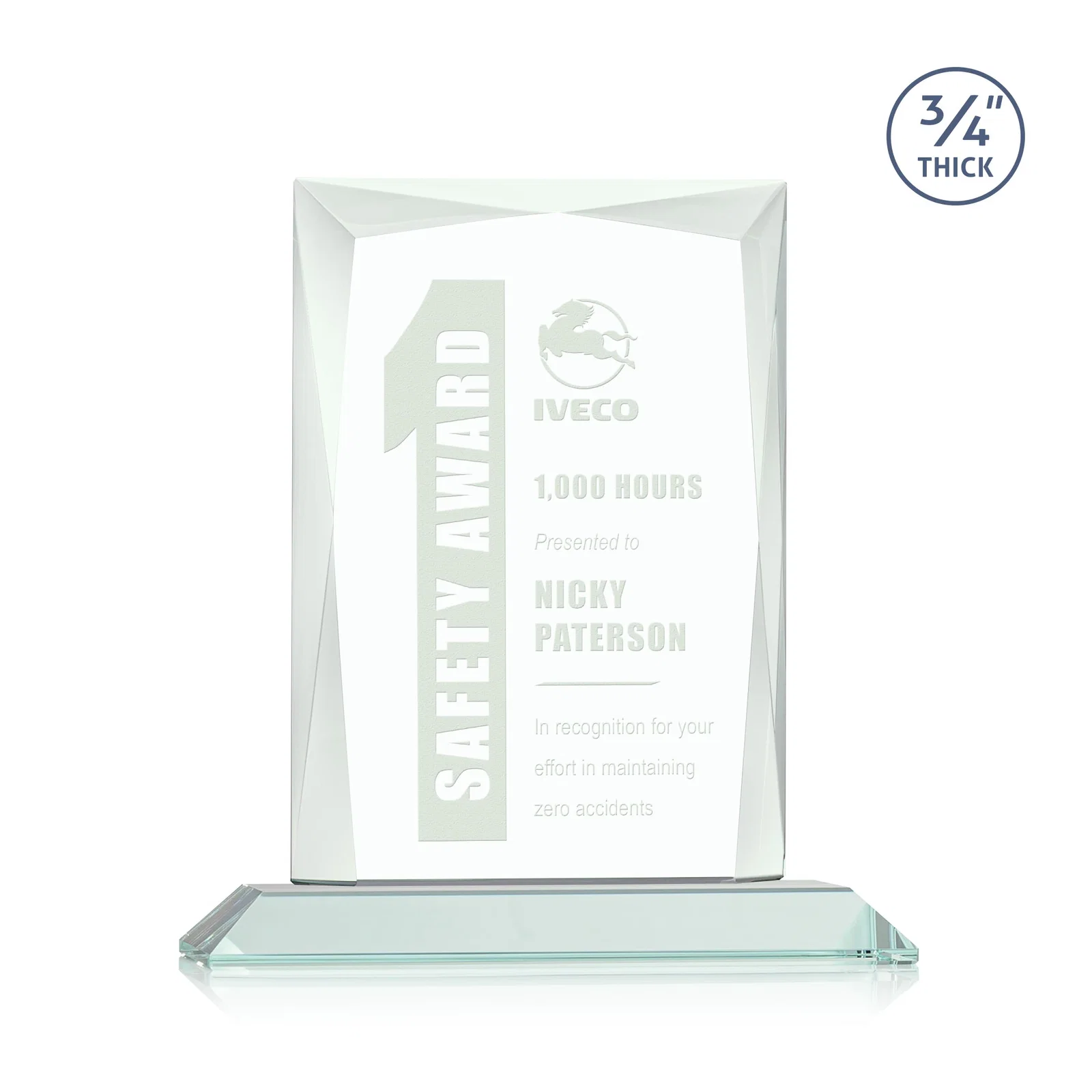 Custom Starfire Crystal Award With Bevels Wrapping Fully Around the Edge for safety achievement programs