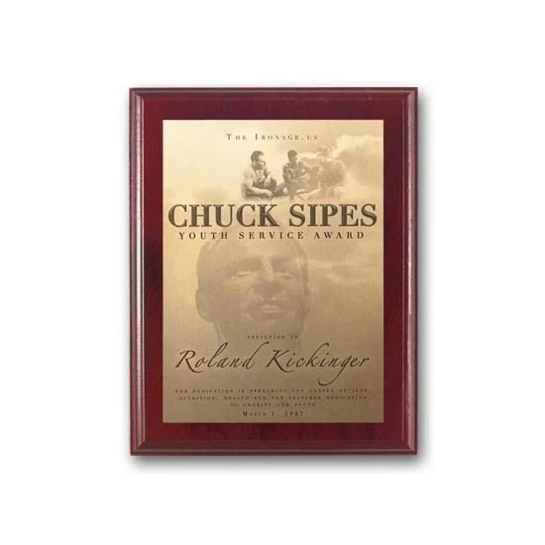 Custom Metal-Etched Photo Wall Plaque, Mahogany-Finish Wood for corporate award ceremonies