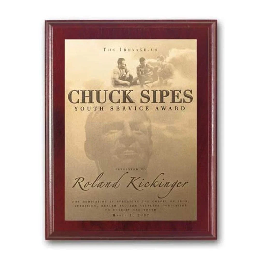 Custom Metal-Etched Photo Wall Plaque, Mahogany-Finish Wood for retirement presentations