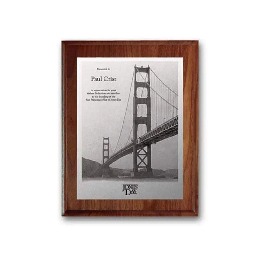Custom Metal-Etched Photo Wall Plaque on Solid Walnut Base for corporate award ceremonies