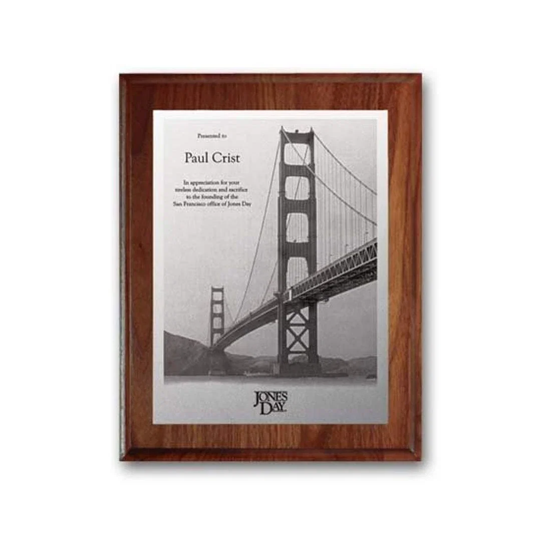Custom Metal-Etched Photo Wall Plaque on Solid Walnut Base for service anniversary gifts