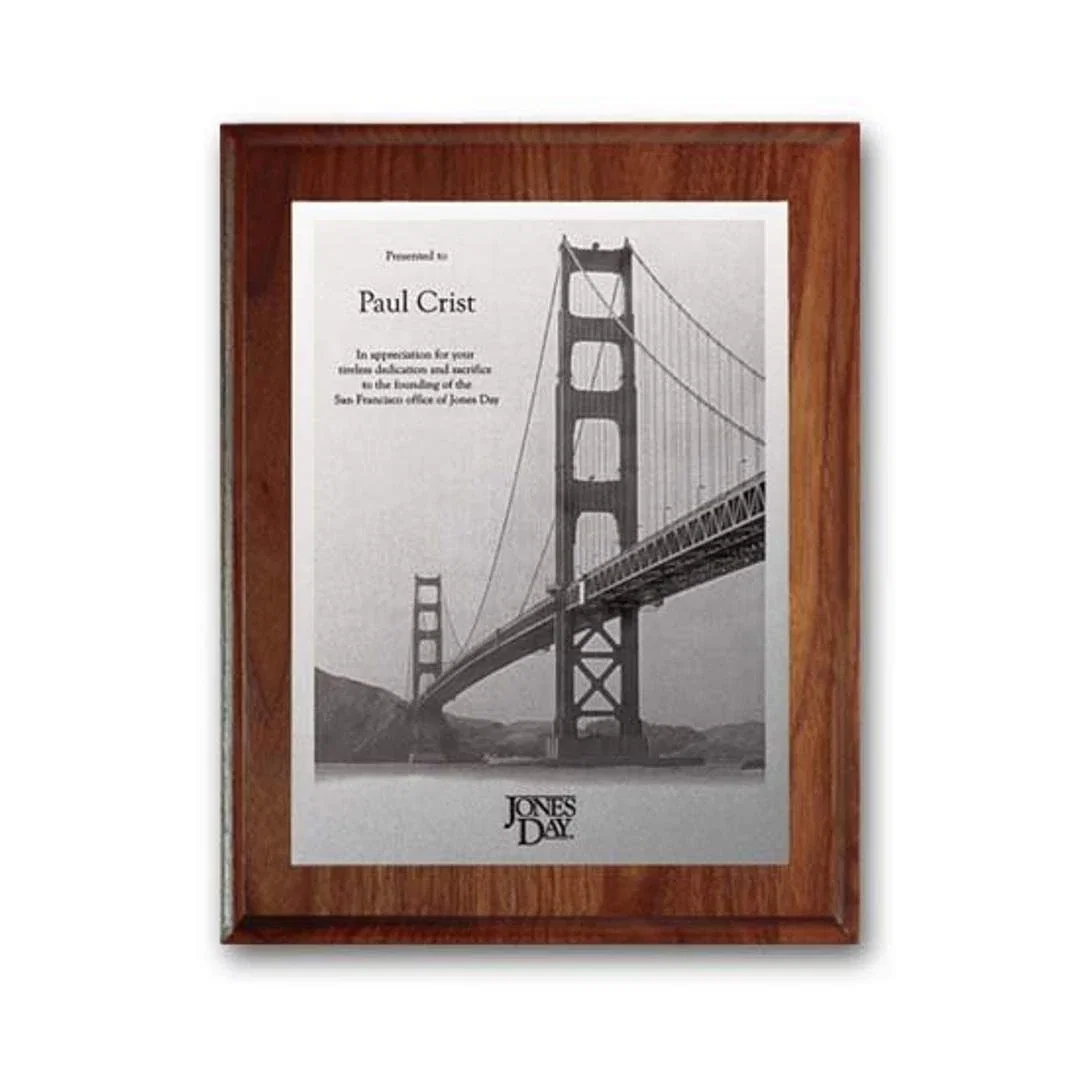 Custom Metal-Etched Photo Wall Plaque on Solid Walnut Base for sales achievement awards