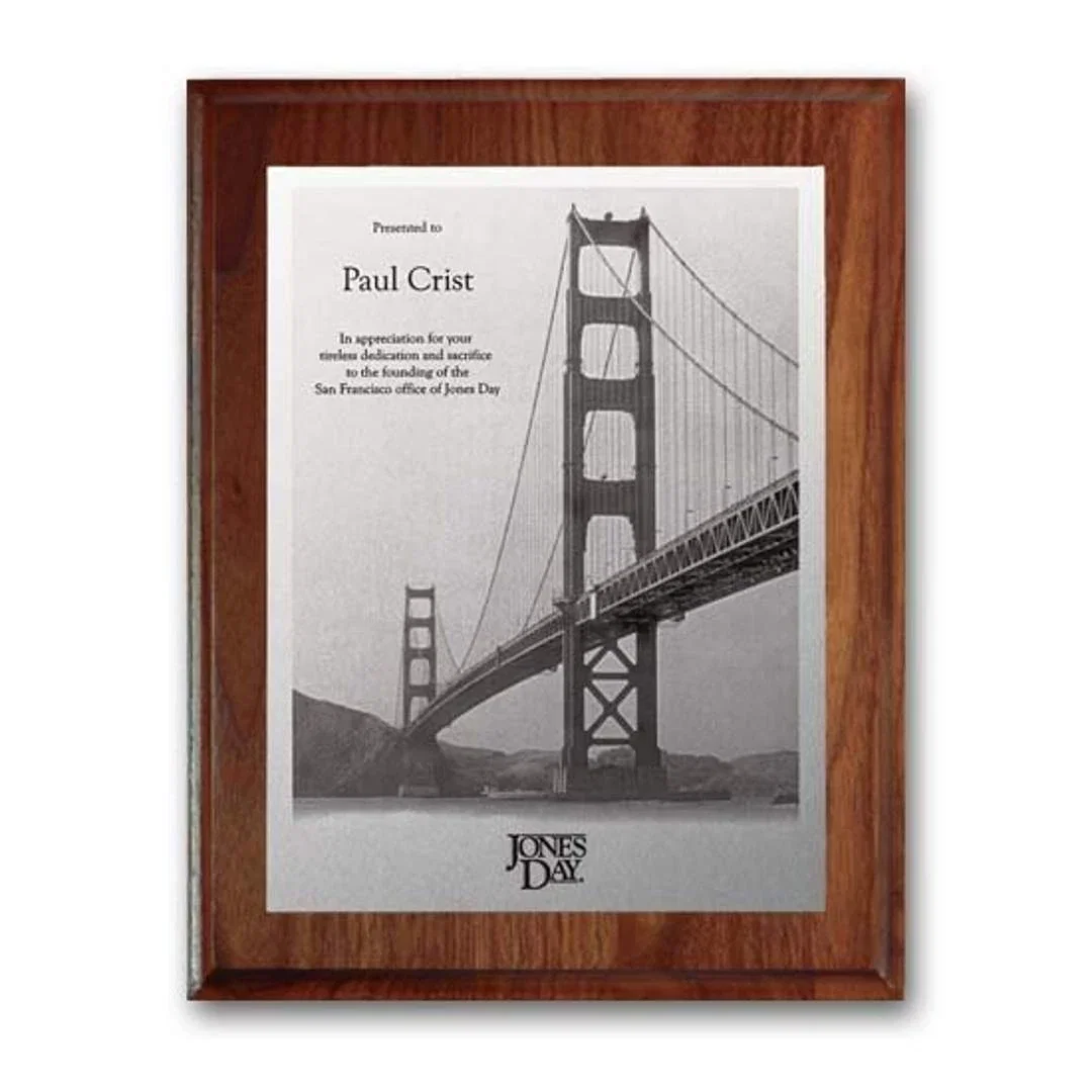 Custom Metal-Etched Photo Wall Plaque on Solid Walnut Base for retirement presentations