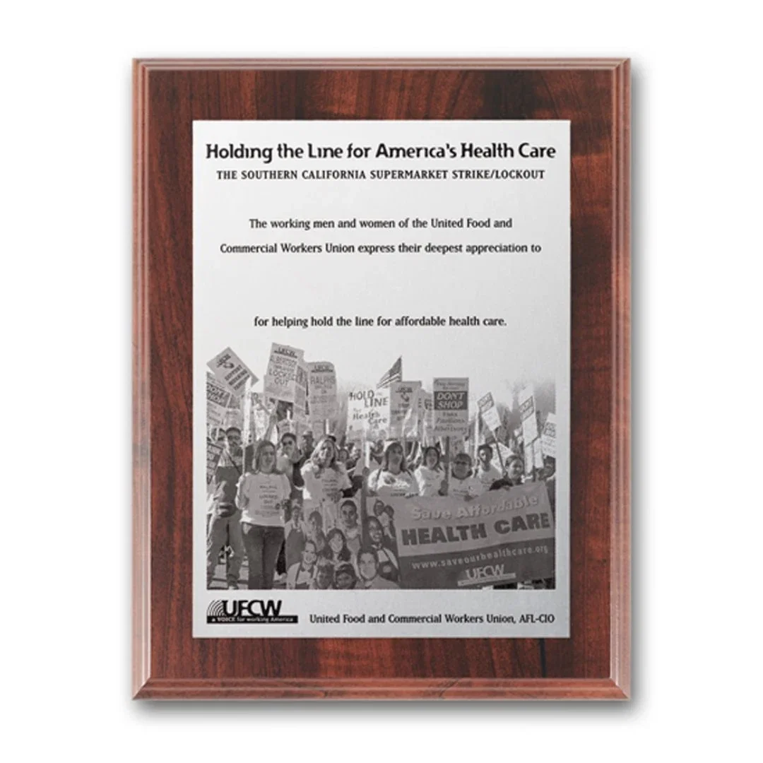 Custom Metal-Etched Photo Wall Plaque on Simulated Walnut, Piano Finish for employee recognition