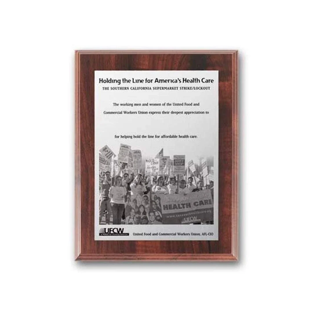 Custom Metal-Etched Photo Wall Plaque on Simulated Walnut, Piano Finish for corporate award ceremonies
