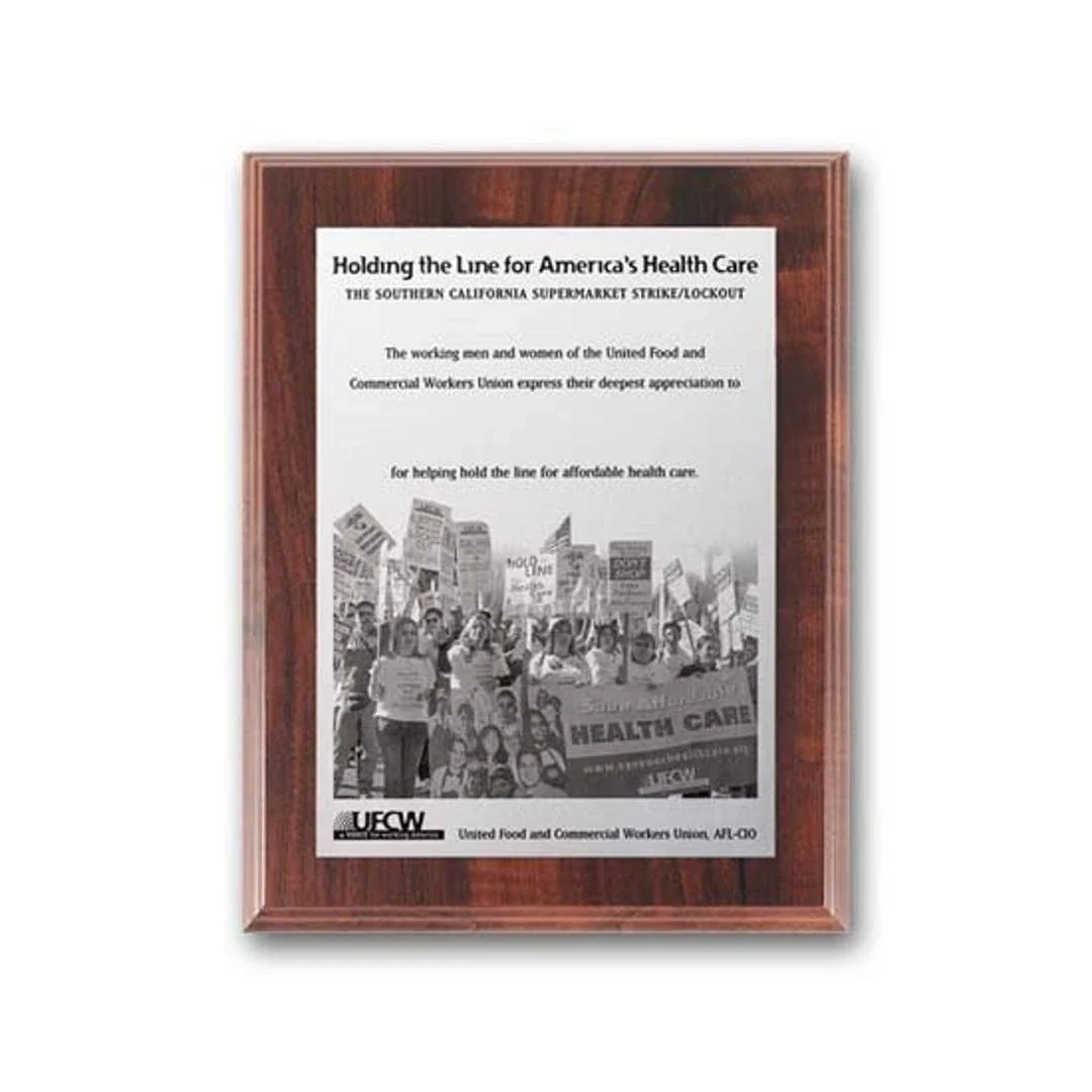 Custom Metal-Etched Photo Wall Plaque on Simulated Walnut, Piano Finish for service anniversary gifts