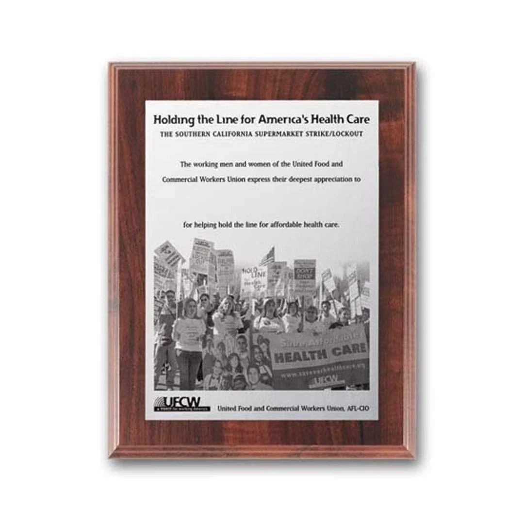 Custom Metal-Etched Photo Wall Plaque on Simulated Walnut, Piano Finish for sales achievement awards