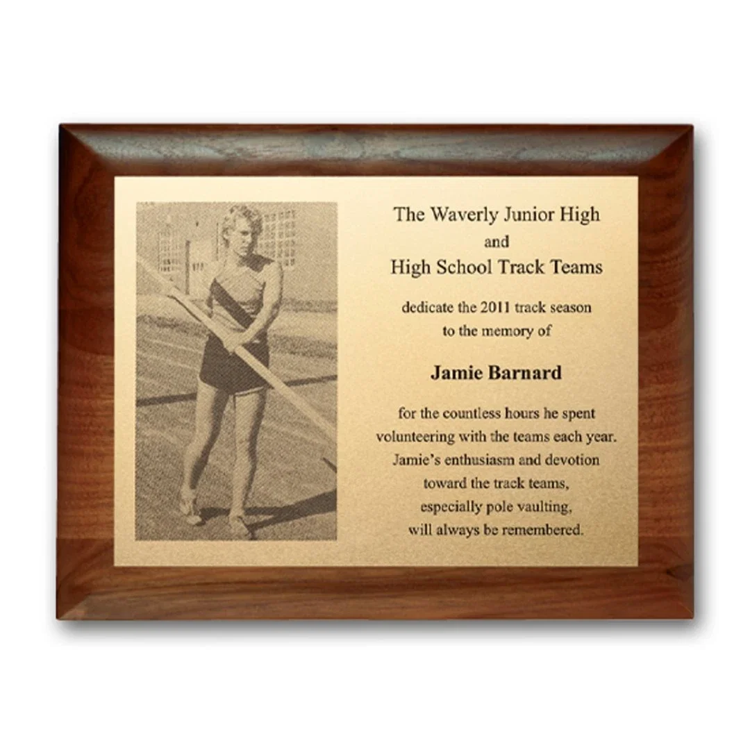 Custom Metal-Etched Photo Wall Plaque, Walnut-Finished Panel for employee recognition