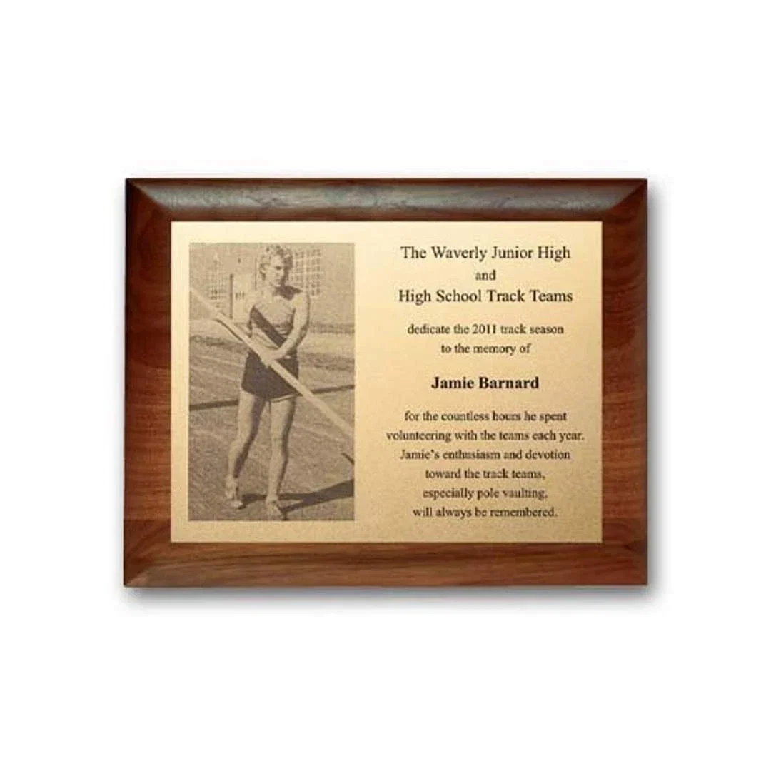 Custom Metal-Etched Photo Wall Plaque, Walnut-Finished Panel for corporate award ceremonies