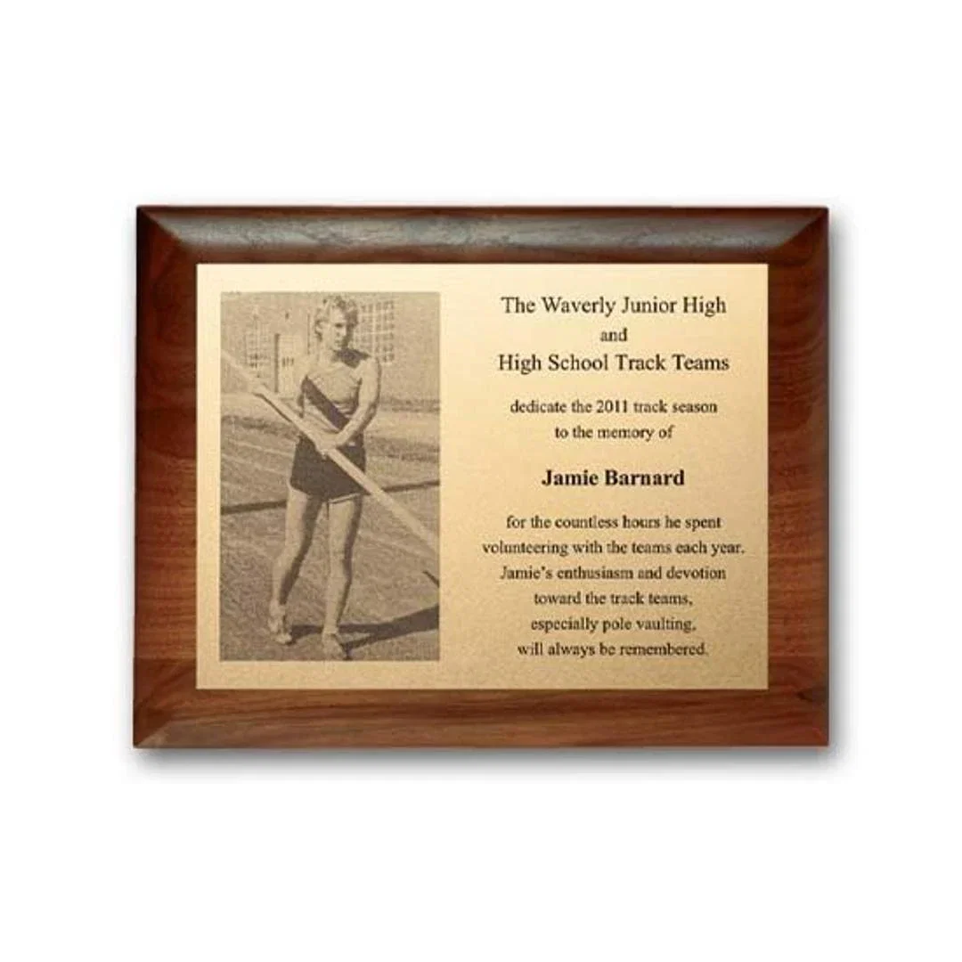 Custom Metal-Etched Photo Wall Plaque, Walnut-Finished Panel for service anniversary gifts