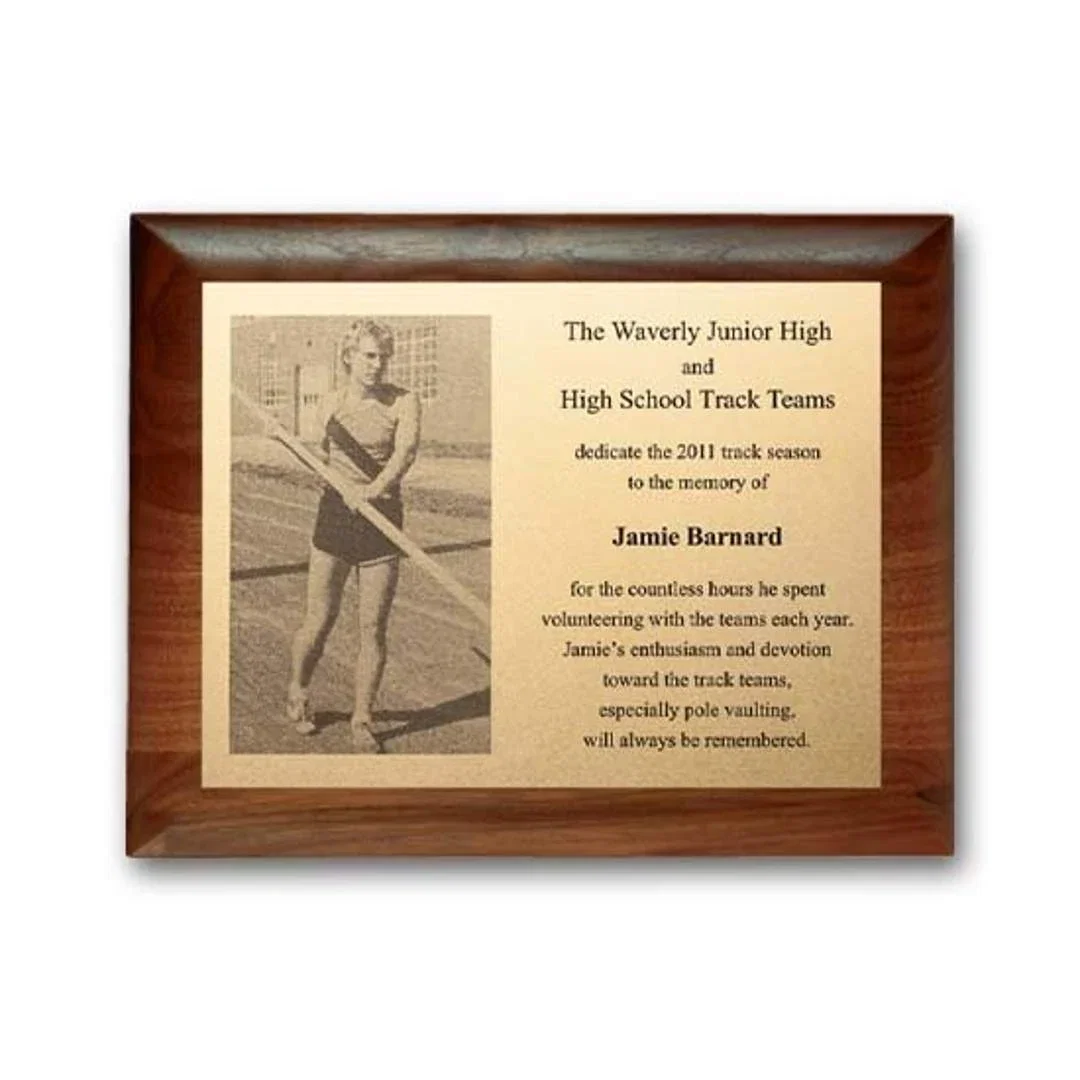 Custom Metal-Etched Photo Wall Plaque, Walnut-Finished Panel for sales achievement awards