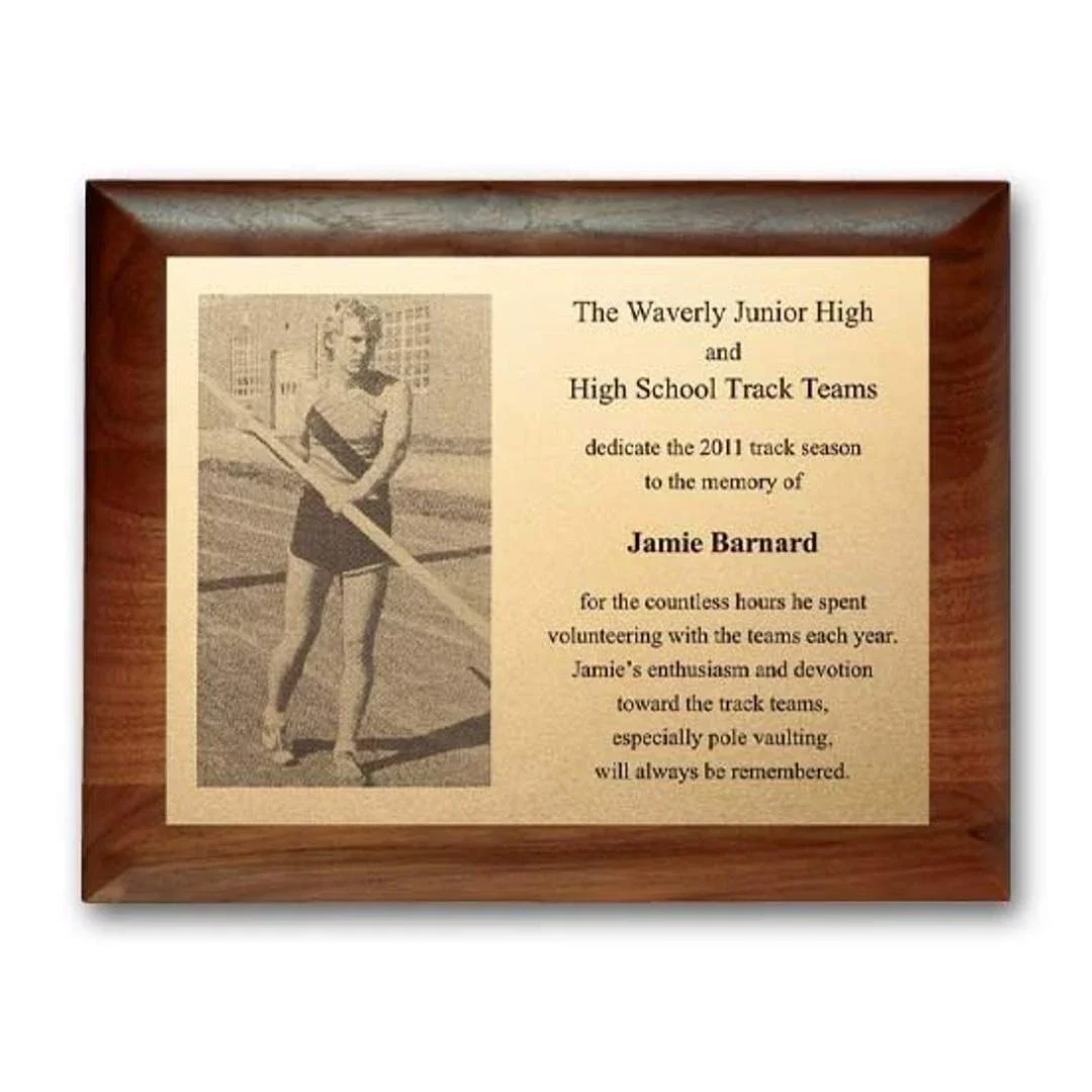 Custom Metal-Etched Photo Wall Plaque, Walnut-Finished Panel for retirement presentations