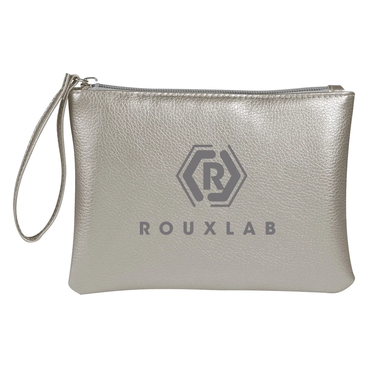 Silver metallic cosmetic bag with a top zipper, about seven inches wide