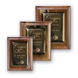 Gold Metallic And Brown Marble Art Glass Plaque On Rolled-Edge Walnut