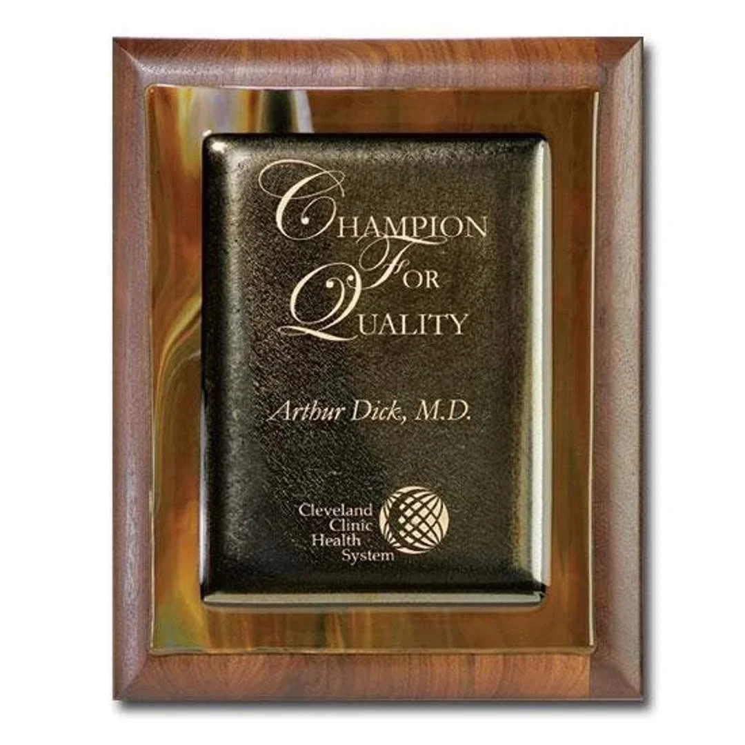 Custom Gold Metallic And Brown Marble Art Glass Plaque On Rolled-Edge Walnut for corporate award ceremonies