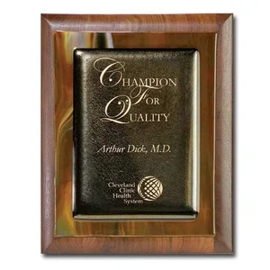 Gold Metallic And Brown Marble Art Glass Plaque On Rolled-Edge Walnut