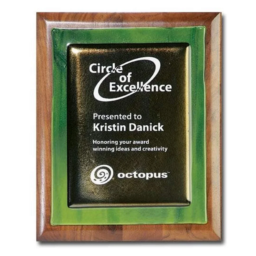 Custom Gold Metallic And Brown Marble Art Glass Plaque On Rolled-Edge Walnut for sales achievement awards