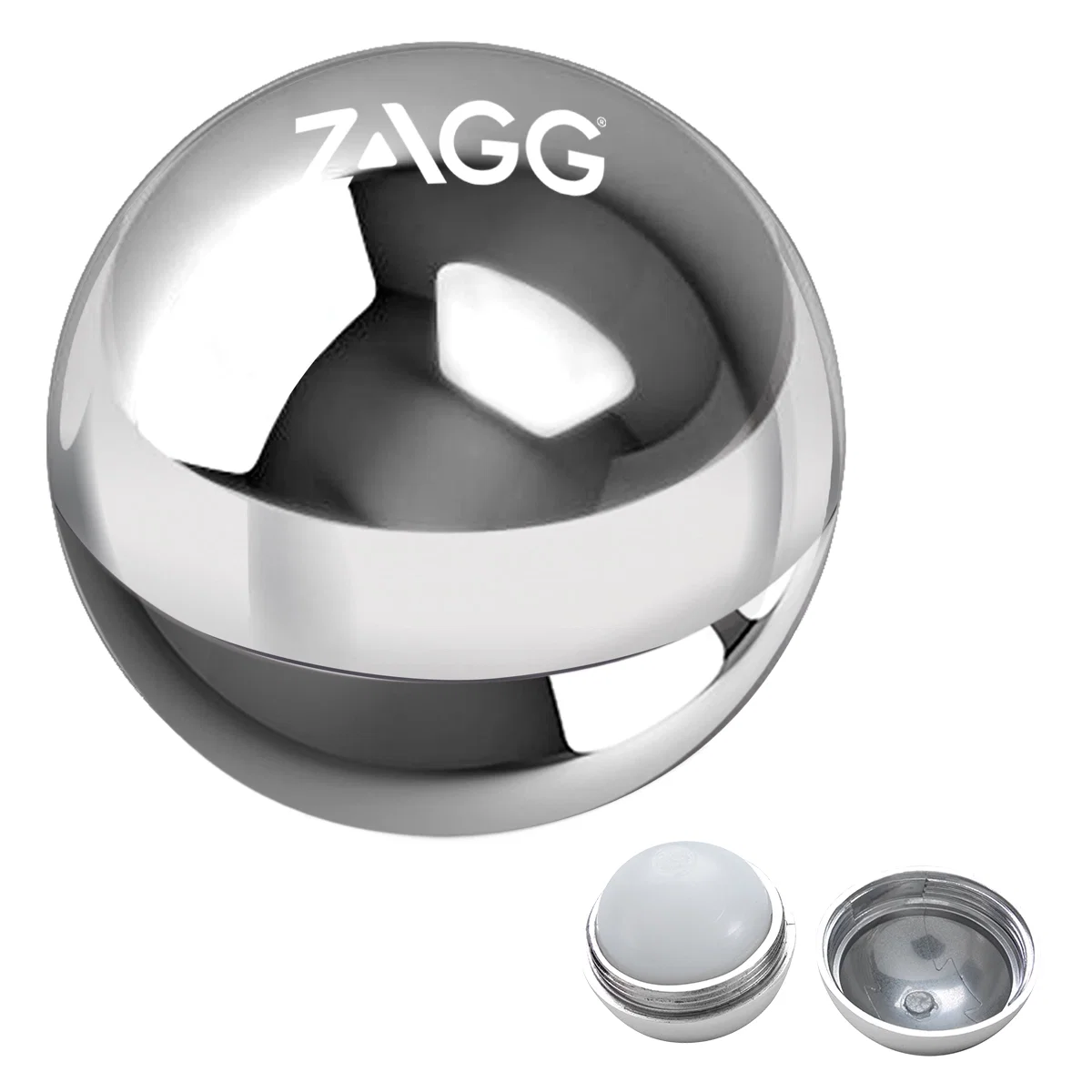 Round lip moisturizer ball in a metallic finish, one and a half inches across
