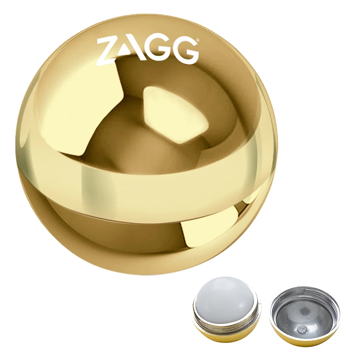 Gold version of the ball twisted open to reach the balm