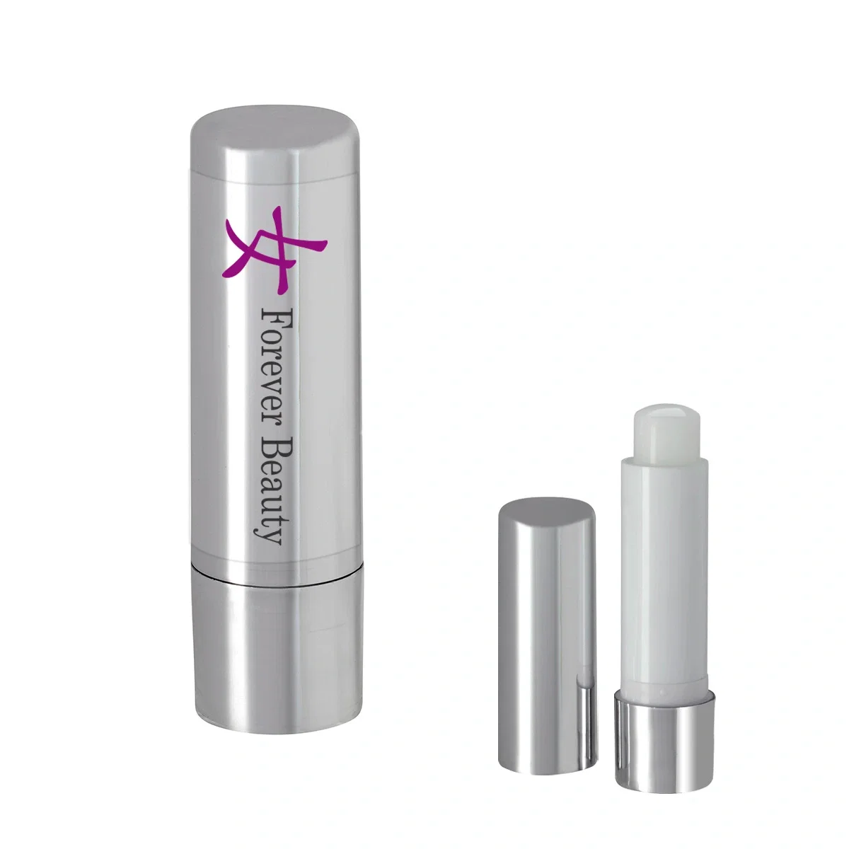 Metallic lip moisturizer stick standing upright in silver