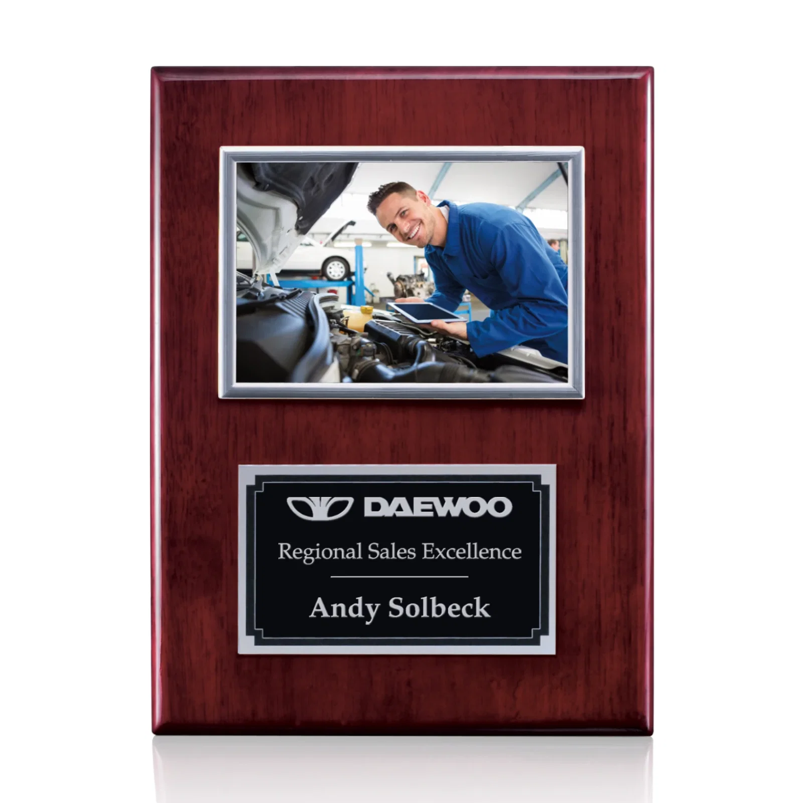 Custom Piano Finish Rosewood Photo Plaque With Silver Plate for corporate award ceremonies