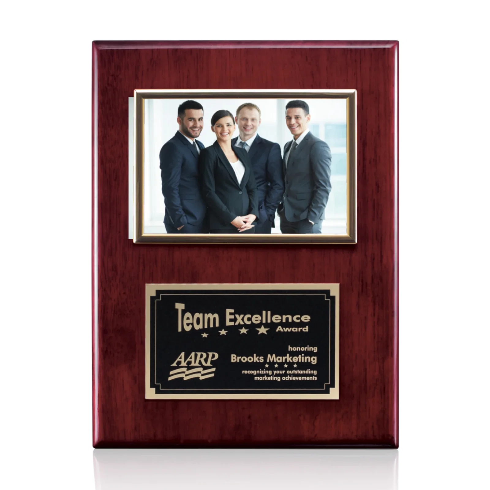 Custom Piano Finish Rosewood Photo Plaque With Silver Plate for retirement presentations