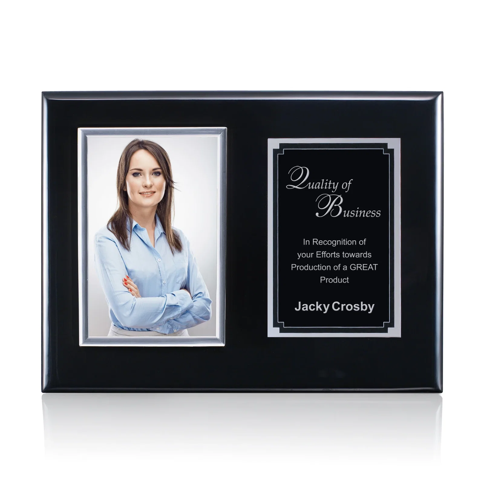 Custom Piano Finish Rosewood Photo Plaque With Silver Plate for graduation ceremonies