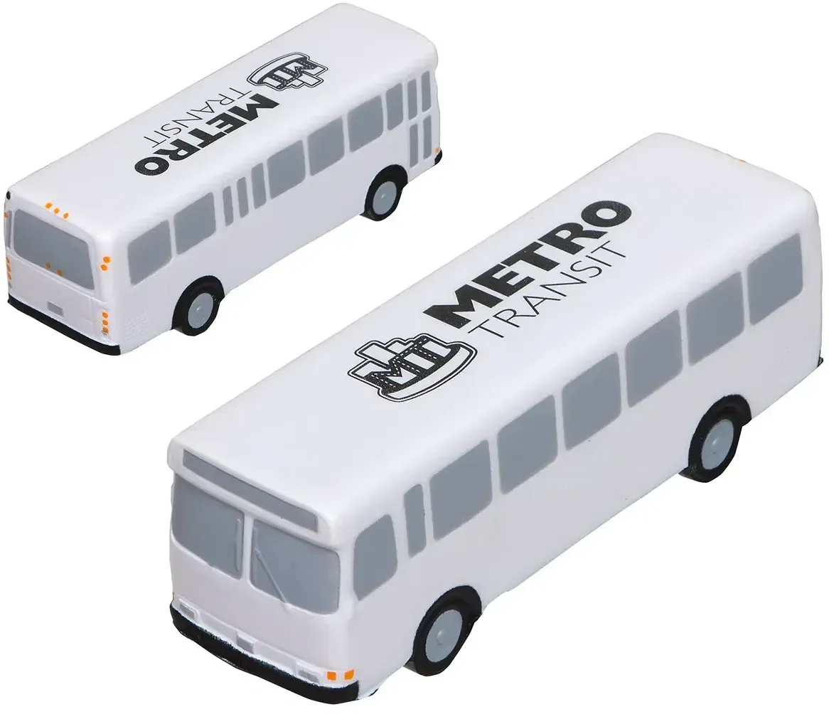 Custom Metro Bus Stress Reliever, branded foam squeeze toy shaped like a city transit bus for logo giveaways